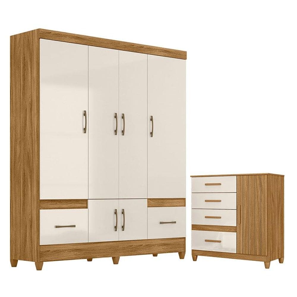 Guarda Roupa Casal MS912 e Cômoda Vênus com pés Freijó Off White – Moval