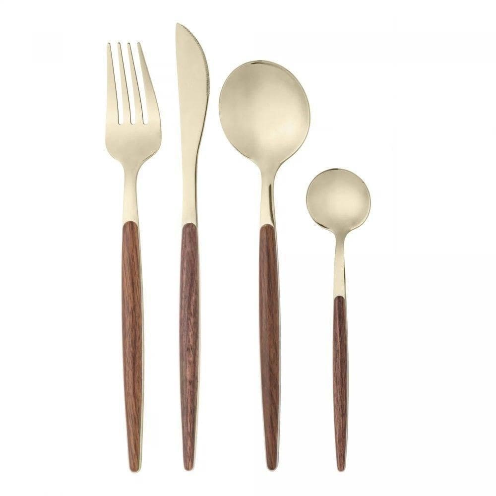 Faqueiro 24 Peças Organic Dourado Aço Inox Com Cabo Em Madeira Lyor