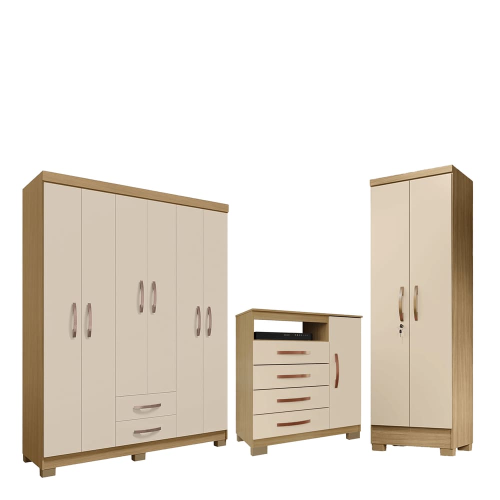 Conjunto Guarda Roupa 6 Portas com Cômoda e Multiuso - Carvalho Americano - Off White- EdeCasaMoveis