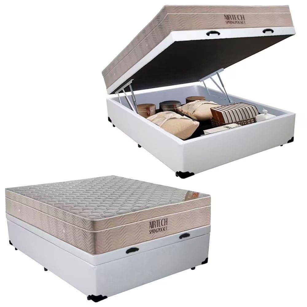 Cama Box Baú Casal Branco Colchão Molas Ensacadas Airtech Spring 138x188 - Ortobom