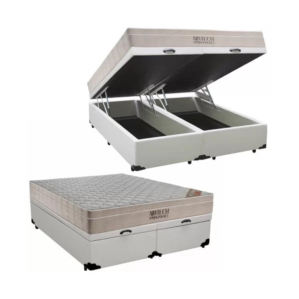 Cama Box Baú Casal Bipartido Branco Colchão Molas Ensacadas Airtech Spring 138x188 - Ortobom