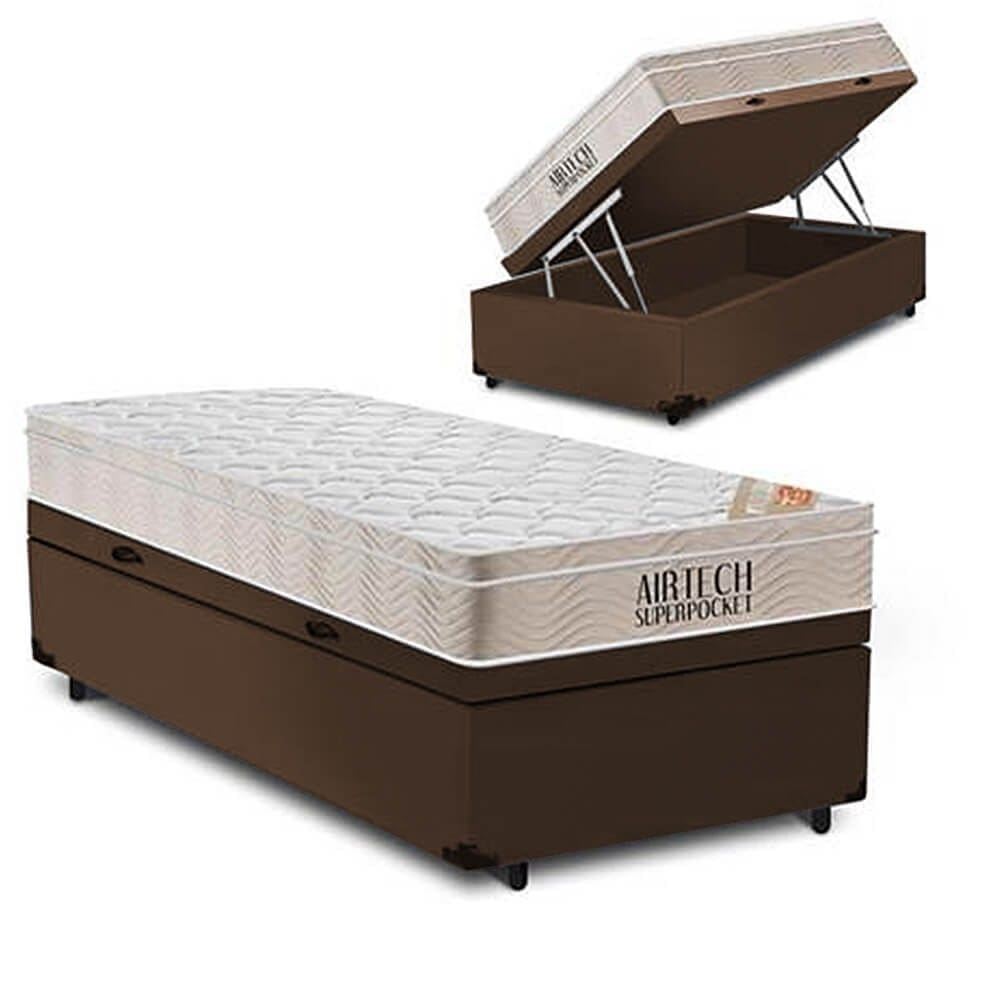 Cama Baú Solteiro Marrom Colchão Molas Ensacadas Airtech Spring 88x188 - Ortobom