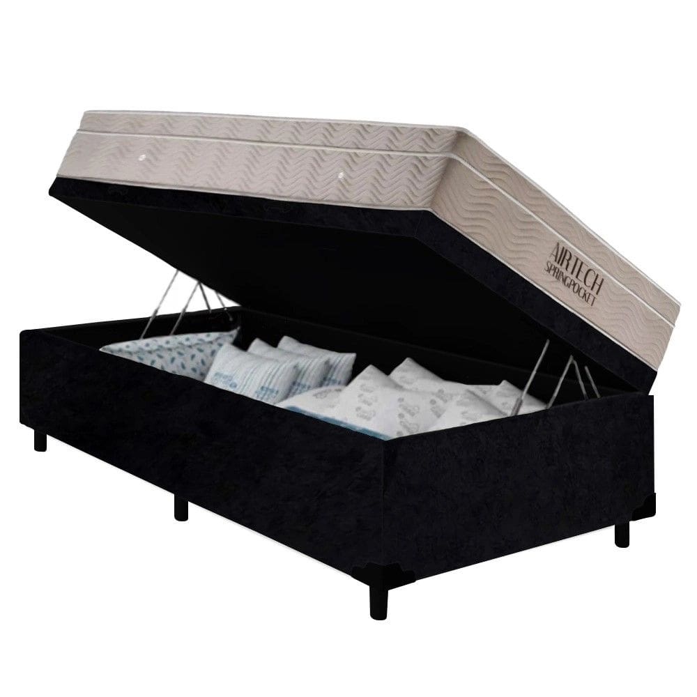 Cama Baú Solteiro Preto Colchão Molas Ensacadas Airtech Spring 88x188 - Ortobom