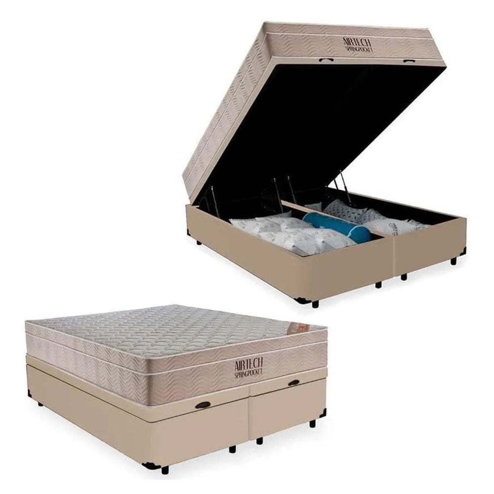 Cama Box Baú Casal Bipartido Branco Colchão Molas Ensacadas Airtech Spring 138x188 - Ortobom