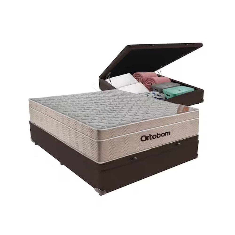 Cama Box Baú Casal Marrom Colchão Molas Ensacadas Airtech Spring 138x188 - Ortobom