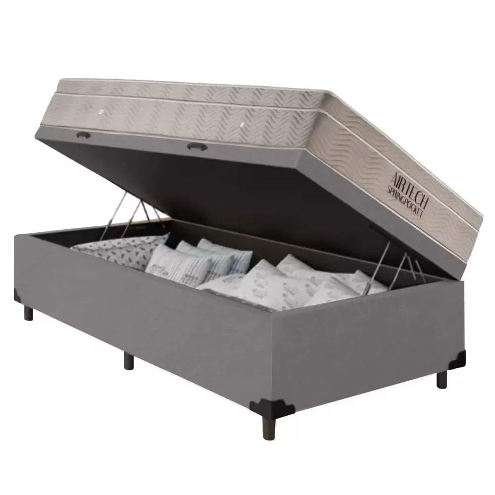 Cama Baú Solteiro Cinza Colchão Molas Ensacadas Airtech Spring 88x188 - Ortobom