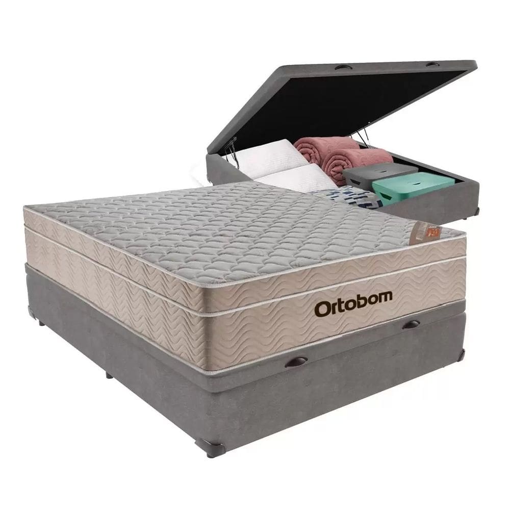 Cama Baú Casal Cinza Colchão Molas Ensacadas Airtech Spring 138x188 - Ortobom