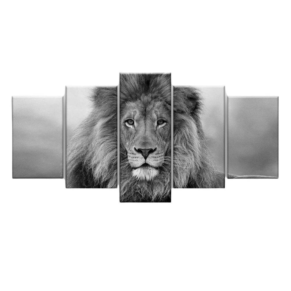 Quadro Decorativo Leão Preto E Branco 129X61 5 Peças