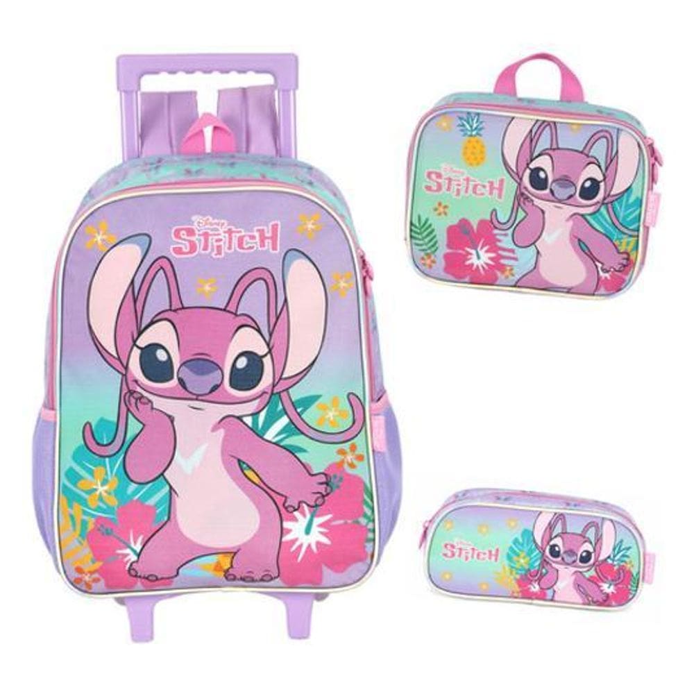 Kit Mochila Rodinhas Costas Lancheira Estojo Stitch Angel