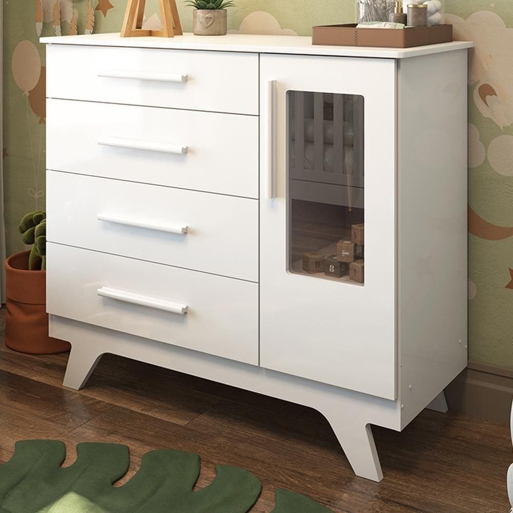 Cômoda Infantil Retrô 1 Porta Com Janela E 4 Gavetas Branco Brilho - Móveis Peroba