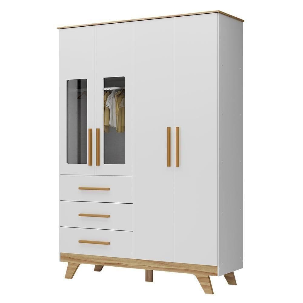 Guarda Roupa Infantil Retrô 4 Portas Com Janelas E 3 Gavetas Branco Brilho/amêndoa - Móveis Peroba