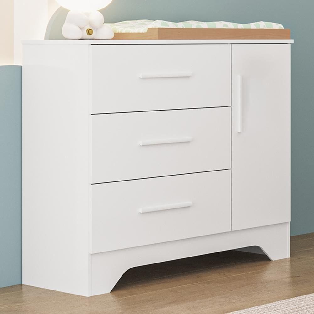 Cômoda Infantil Popy Retrô Plus 1 Porta E 3 Gavetas Branco Brilho - Móveis Peroba