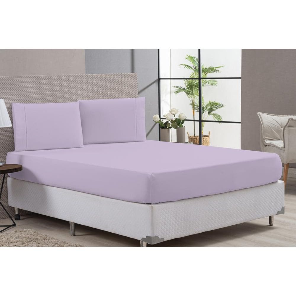 Jogo Lençol Cama Casal Queen 80% Algodão Lilás Elástico