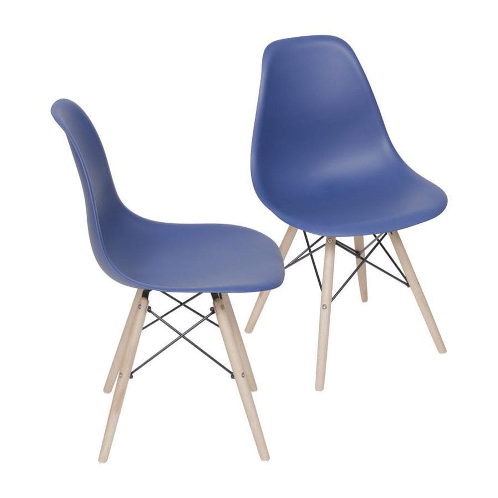 Kit 2 Cadeiras Boxbit Dkr Eames Base Em Madeira Azul Marinho