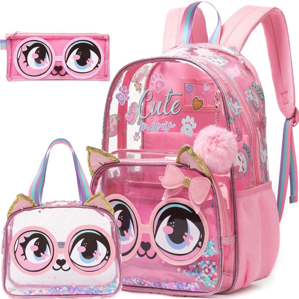 Mochila Meetbelify Clear Cat for Girls School de 16 polegadas com lancheira, conjunto de estojos para lápis