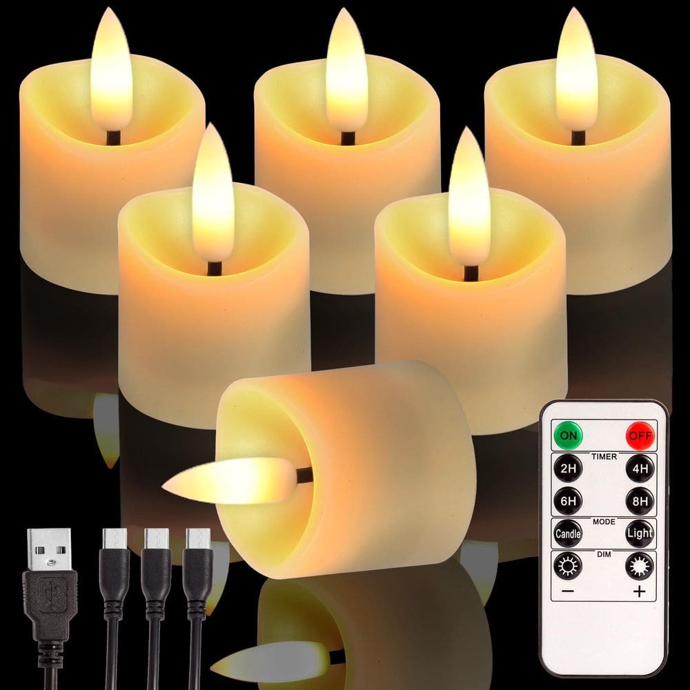 Velas de chá recarregáveis sem chama, pacote com 6 velas com temporizador