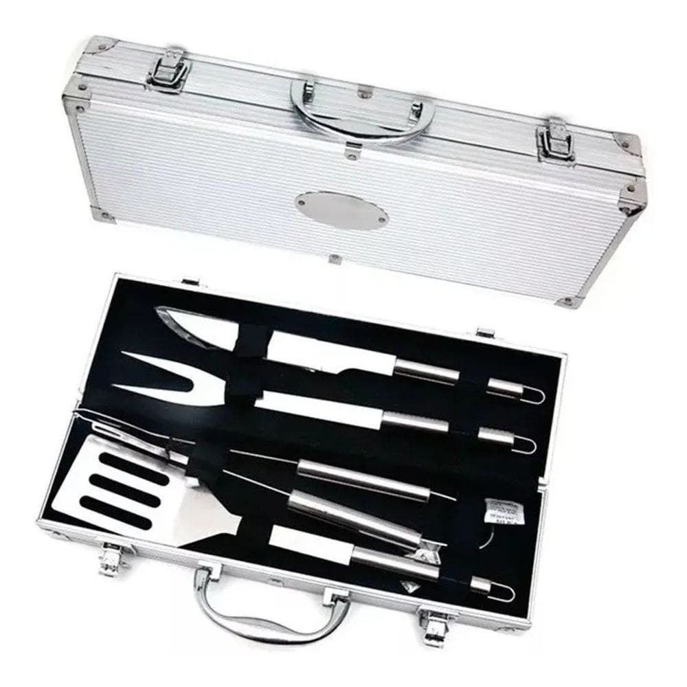 Kit Churrasco 4 Peças Garfo Faca Pegador Espátula Inox Com Maleta