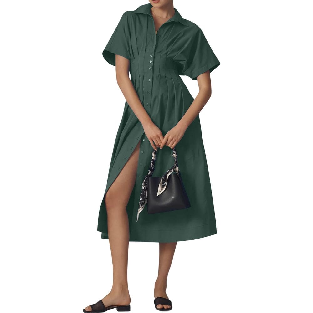 Camisa maxi Dsewpaur listrada com botões frontais plissada para mulher