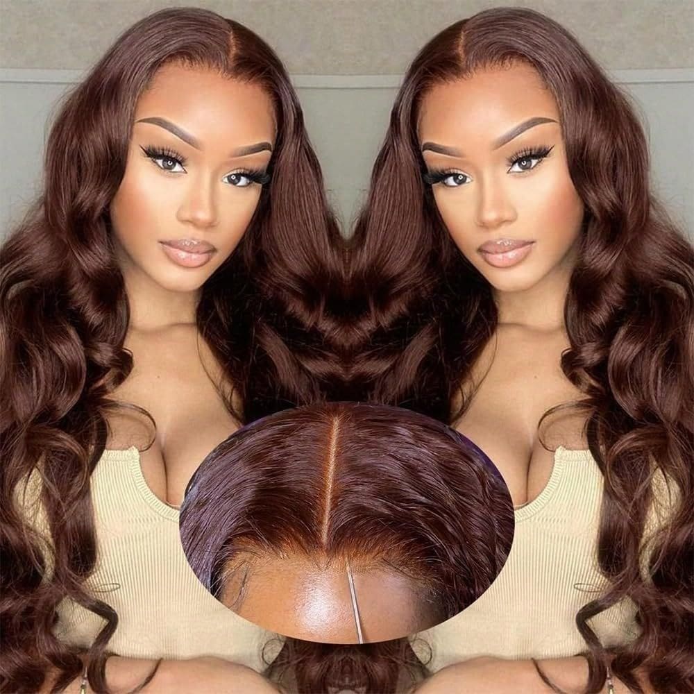 Peruca frontal de renda Hevgf, cabelo humano castanho chocolate, 20% de densidade