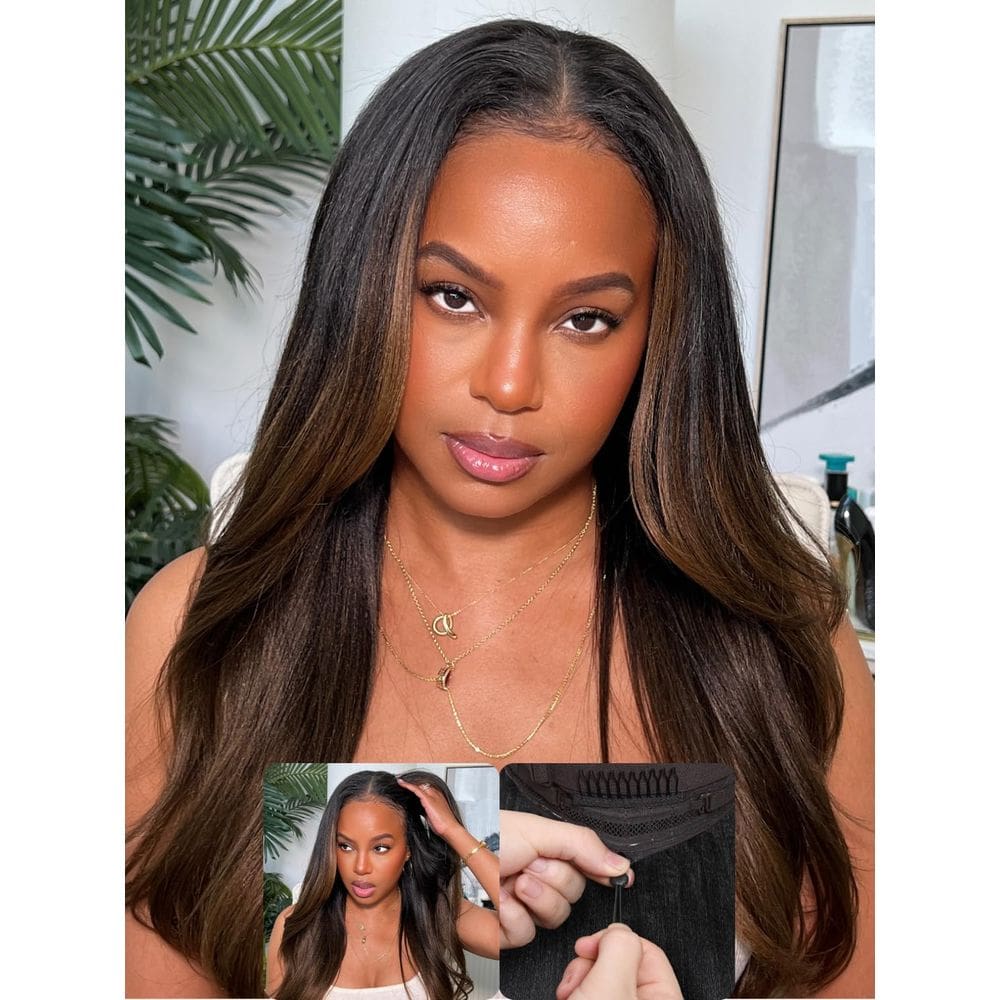 Peruca Nadula Ombre Brown Yaki Straight V Part 150% Densidade 40cm