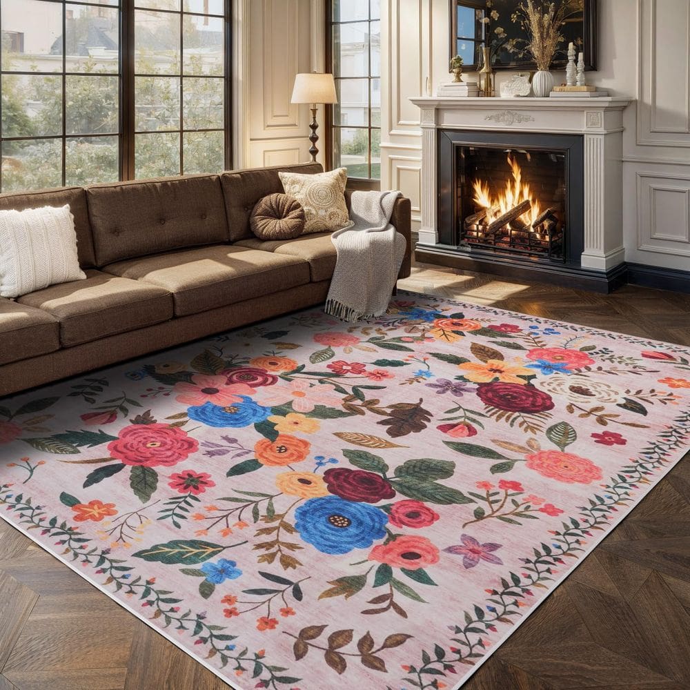 Tapete Area GRAMBET Floral Boho, 5 x 8 pés, ultrafino, macio, bege
