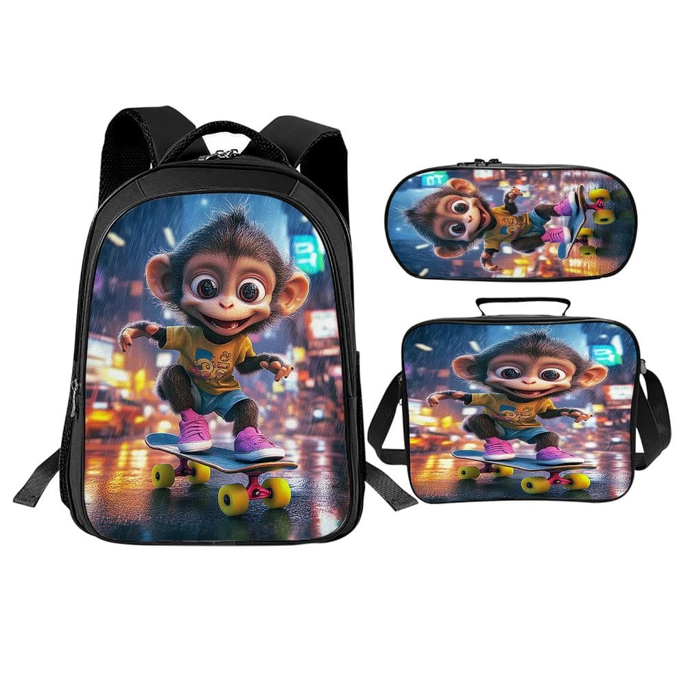Conjunto de mochilas escolares Trimety Monkey com lancheira e estojo de lápis