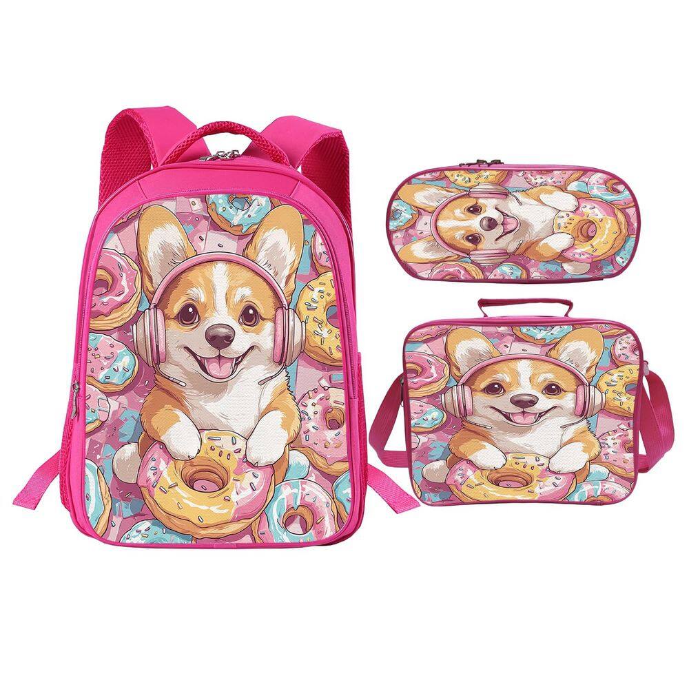 Conjunto de mochilas Trimety Corgi Donuts de 3 peças para crianças com lancheira