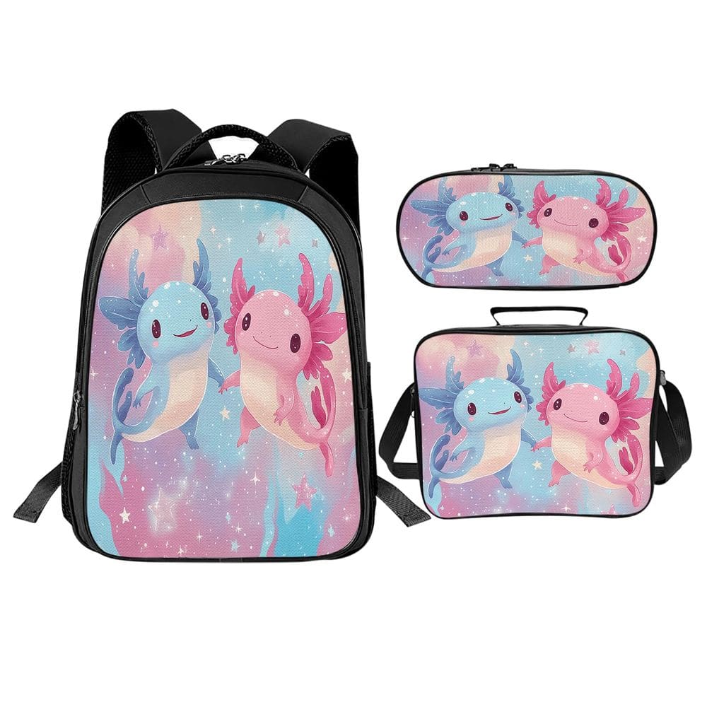 Conjunto de mochilas Trimety Cute Axolotl para crianças com lancheira e estojo de lápis