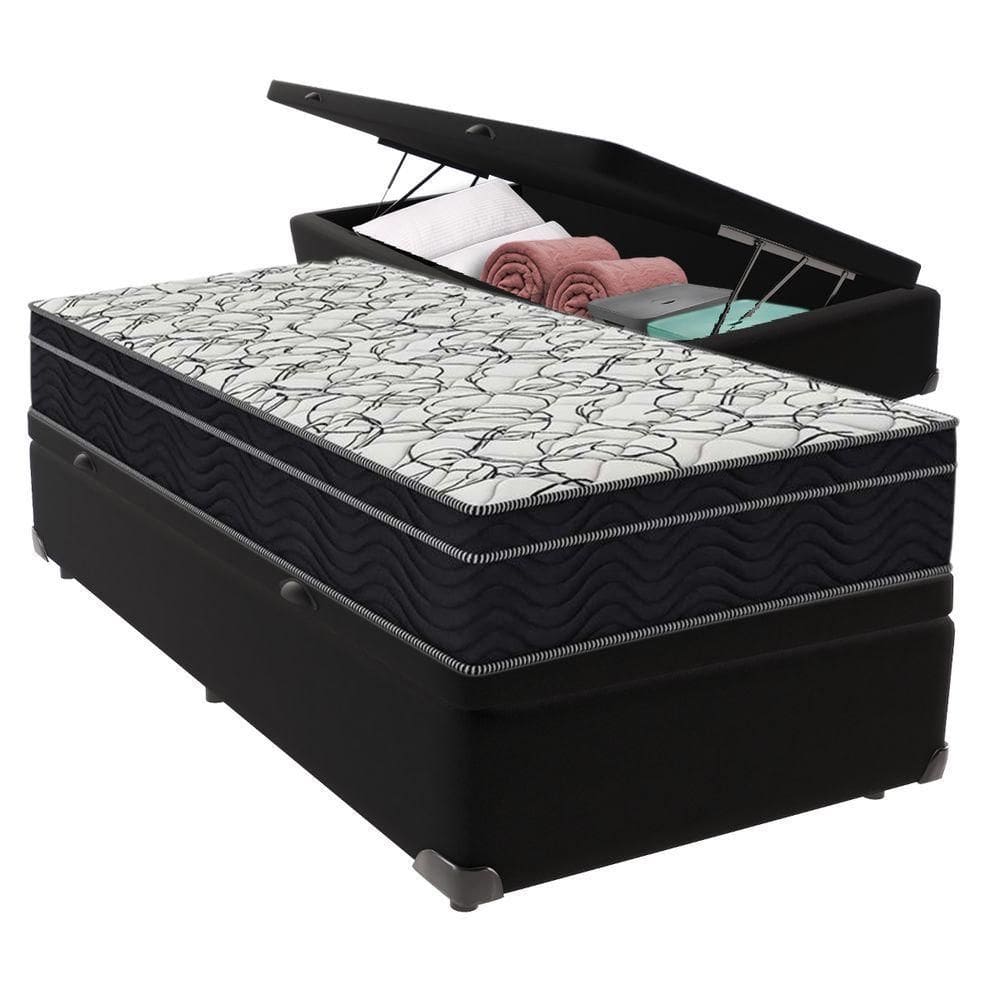 Cama + Box Com Bau Solteiro Colchão Extra Firme Airtech Ortobom D45 Preto
