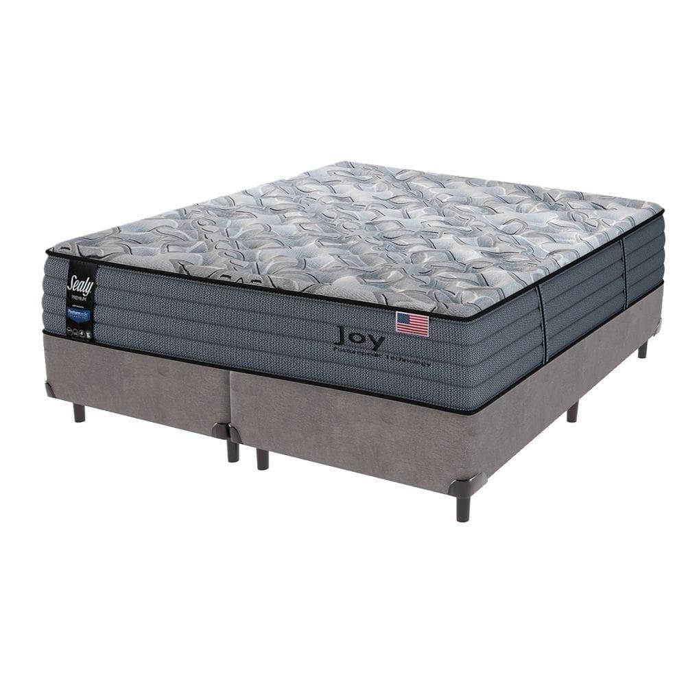 Cama Box Cinza E Colchão Queen Joy Molas Ensacadas Sealy