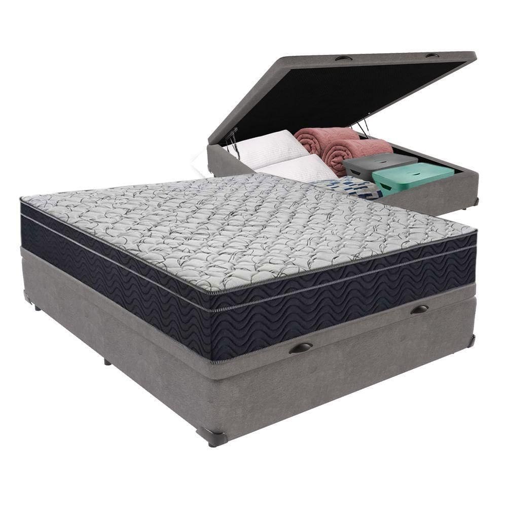 Kit Casal Cama Bege Box Baú Colchão Extra Firme Ortobom D45 Cinza