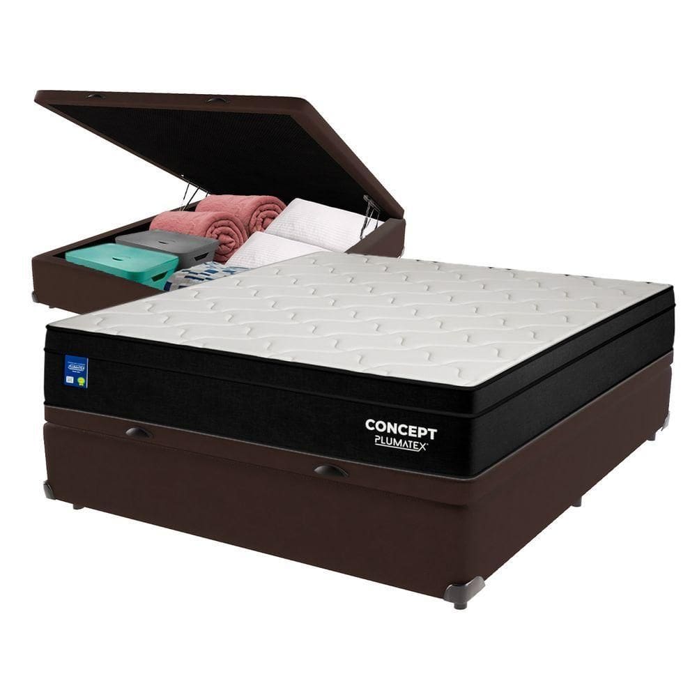 Cama Box Baú Marrom E Colchão Casal Concept Molas Ensacadas Plumatex