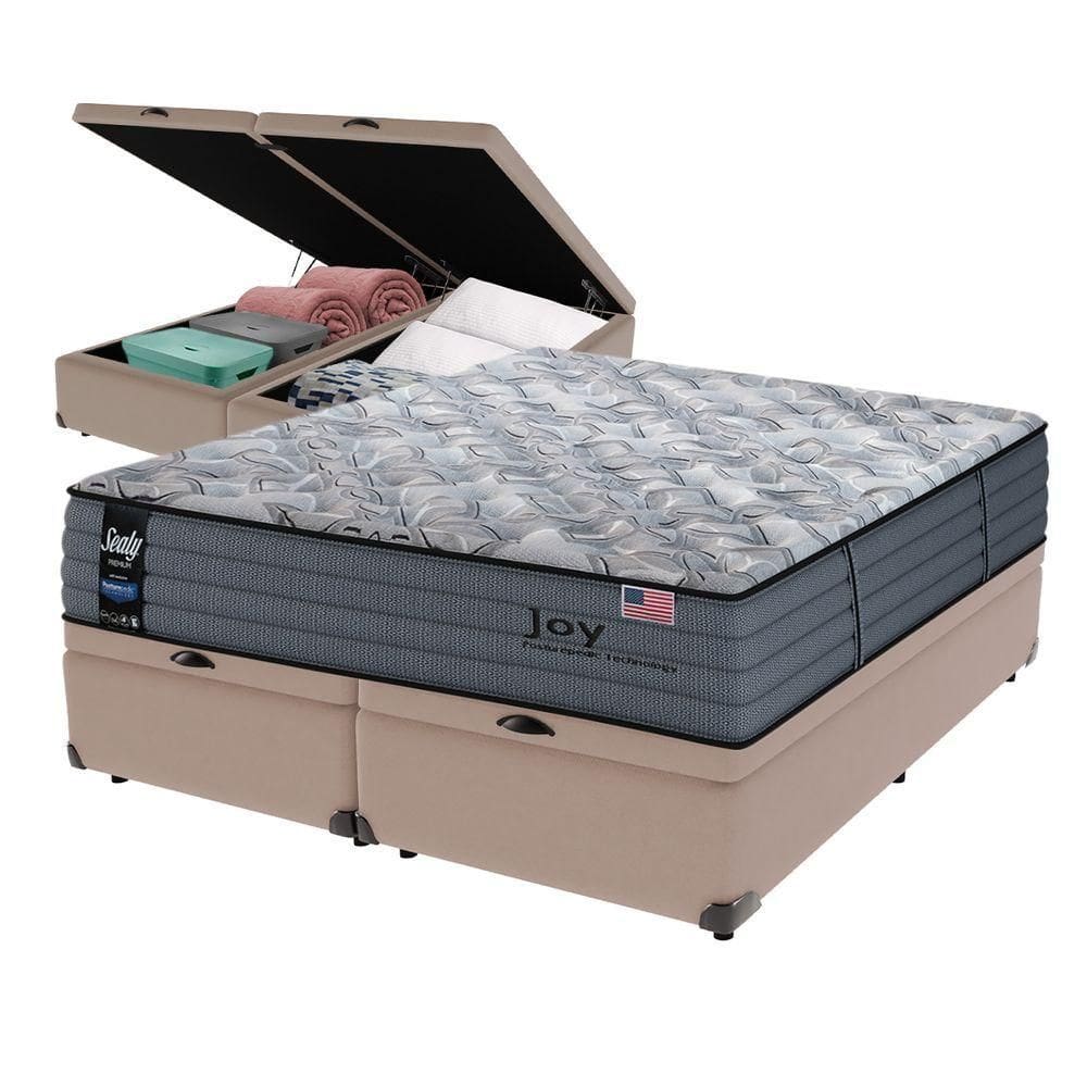 Cama Box Baú Bege E Colchão Queen Joy Molas Ensacadas Sealy