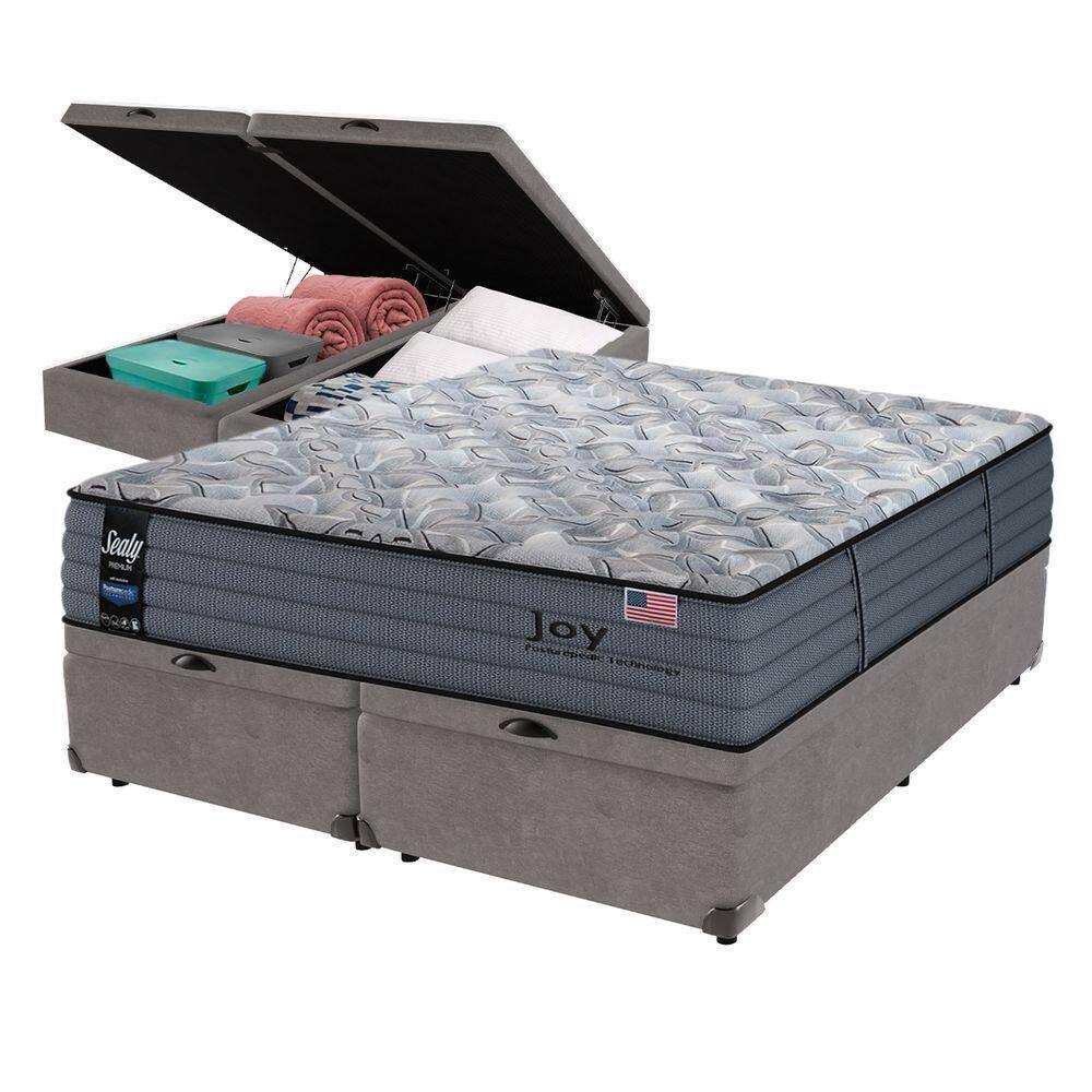 Cama Box Baú Cinza E Colchão Queen Joy Molas Ensacadas Sealy