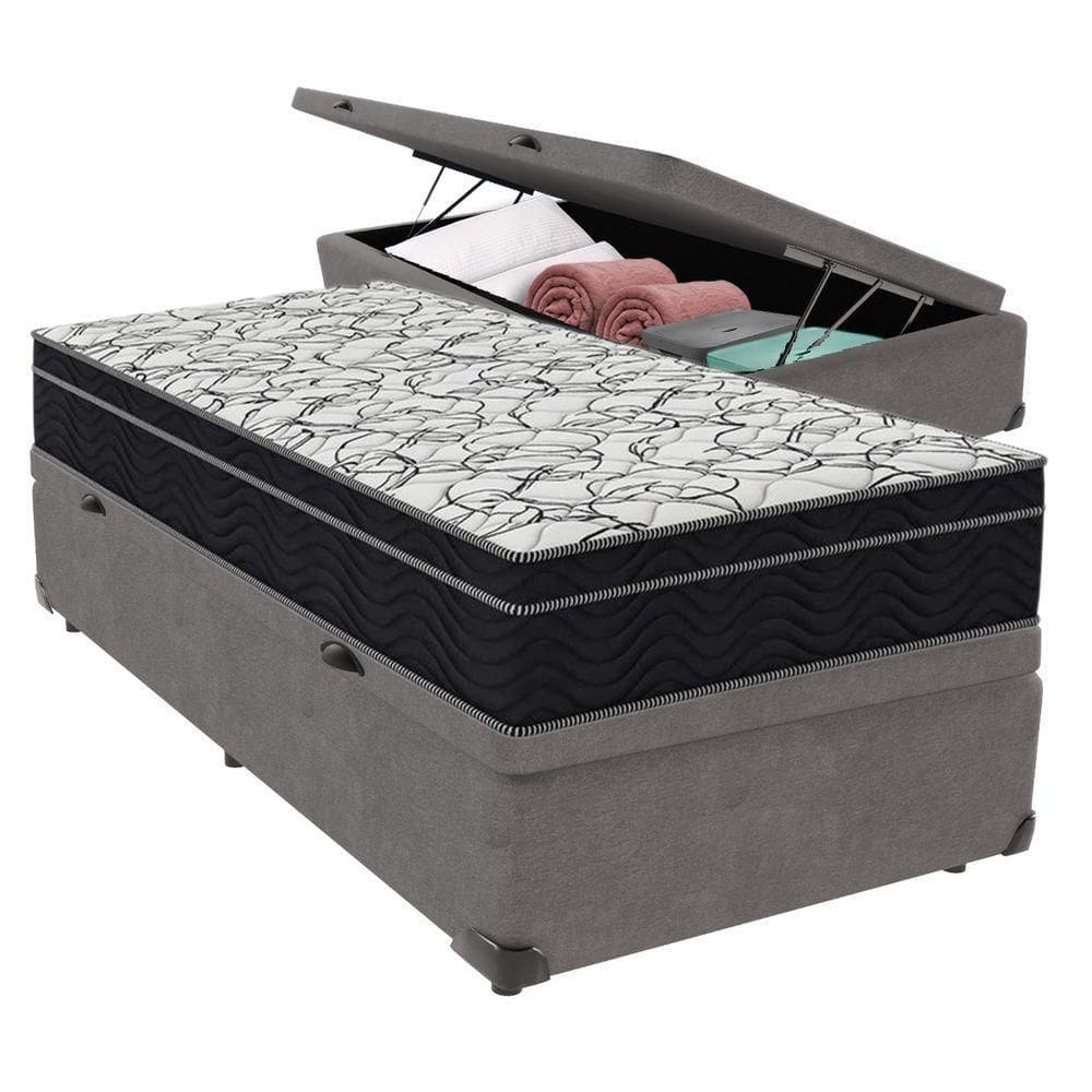 Cama + Box Com Bau Solteiro Colchão Extra Firme Airtech Ortobom D45 Cinza