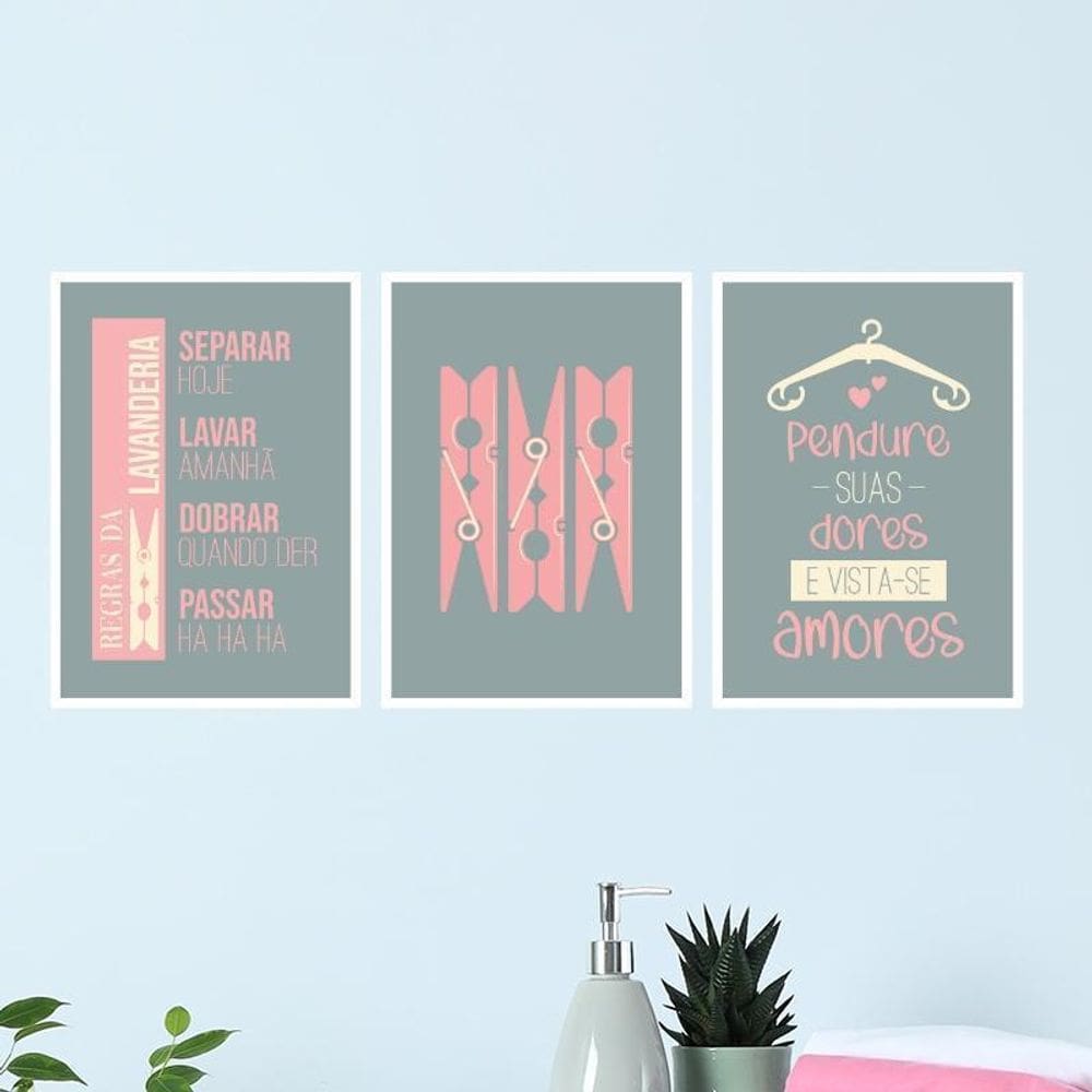 Kit 3 Quadros Lavanderia Cinza E Rosa 45X34CmVidro Branca