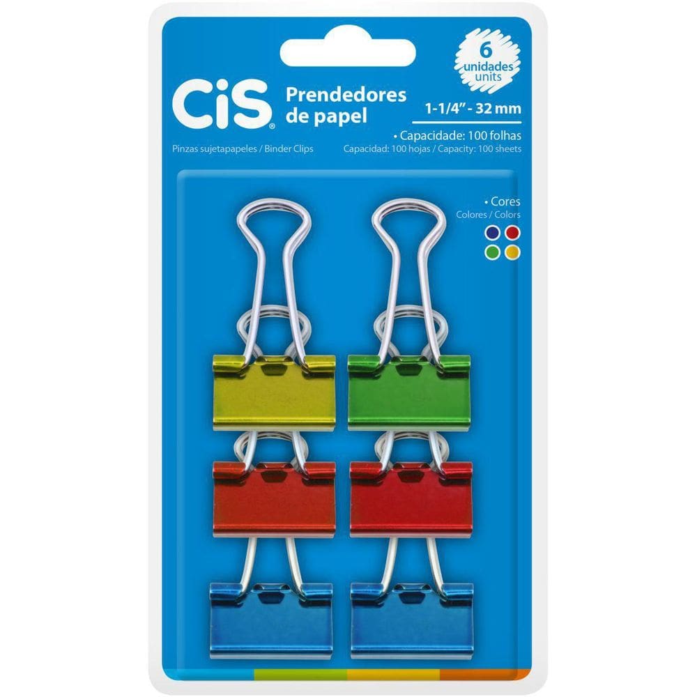 Prendedor De Papel CIS-116632 Binder 32MM Color Blister 6Un