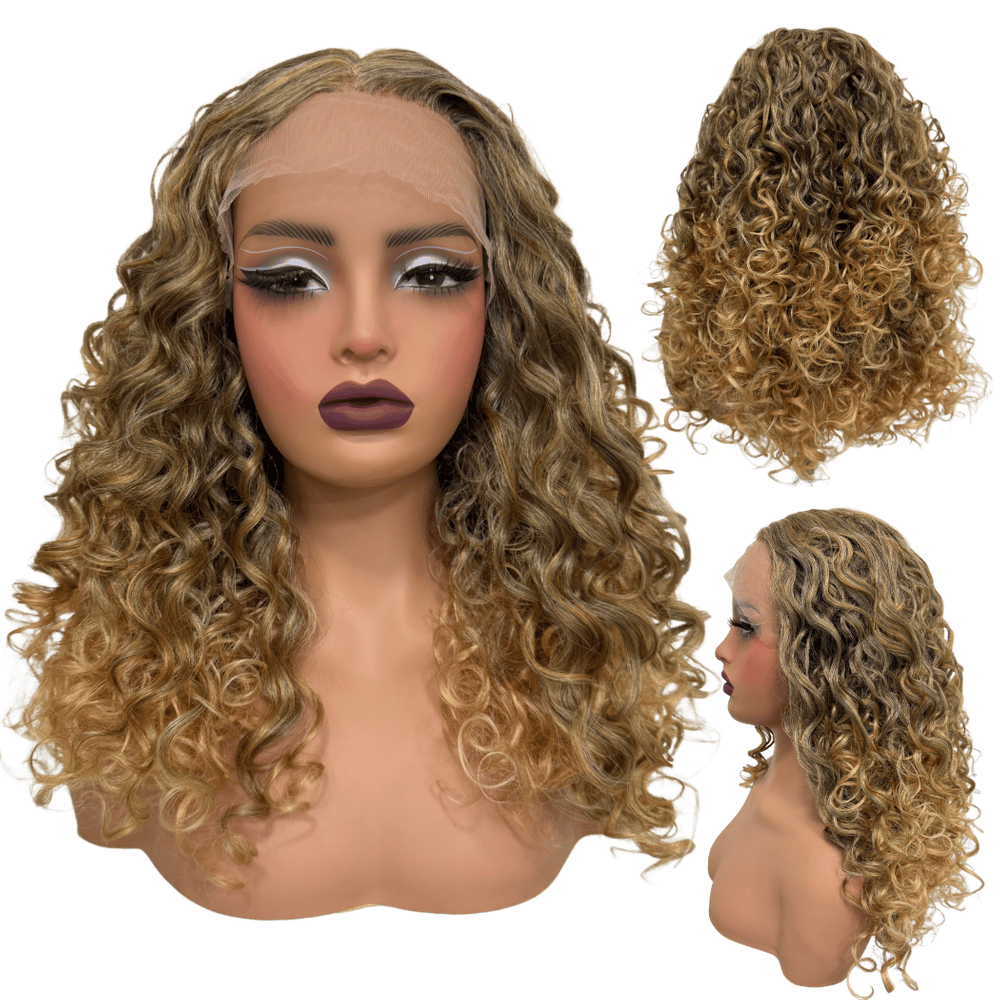 Peruca cacheada front lace 55cm ondulada T6A/18 loiro claro