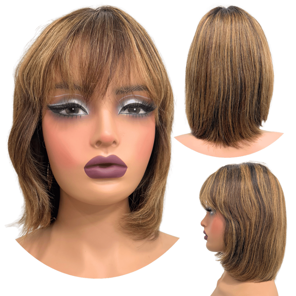 Peruca humana curta bob franja 25cm loira mechas F2/10
