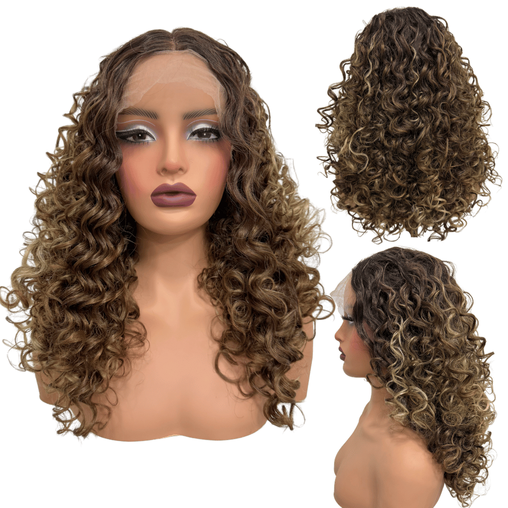 Peruca cacheada front lace 55cm ondulada R8/12H24 Loira mech