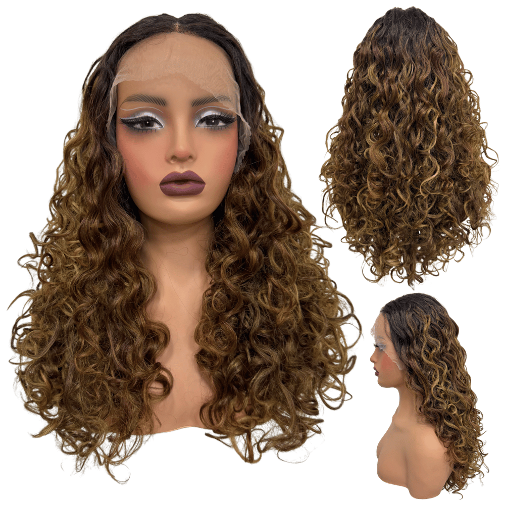 Peruca cacheada front lace 55cm ondulada RH4/33/22 loira omb