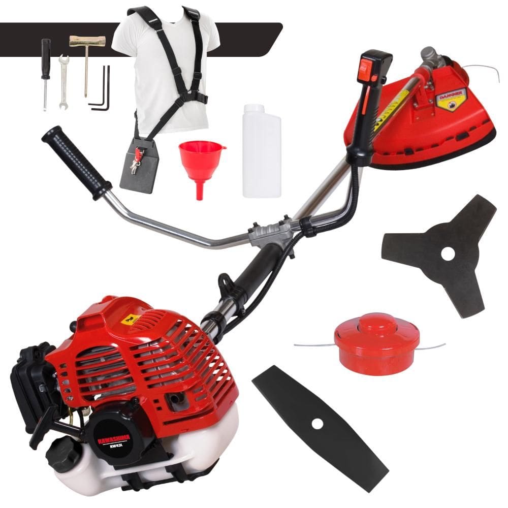 Roçadeira Completa Kawashima KW43L À Gasolina 2 Tempos 43cc 1,7HP 10.000rpm 3 Opções de Corte Com Lâmina Facão + Lâmina 3 Pontas + Carretel de Nylon