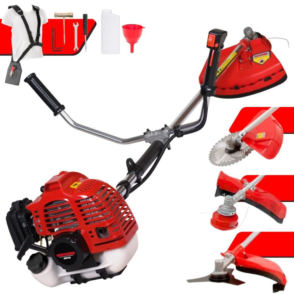 Roçadeira Robusta Kawashima KW43L À Gasolina 2T 43cc 10.000rpm 1,7HP de Potência Completo Com Lâmina 3 Pontas + Lâmina 40 Dentes + Carretel Nylon