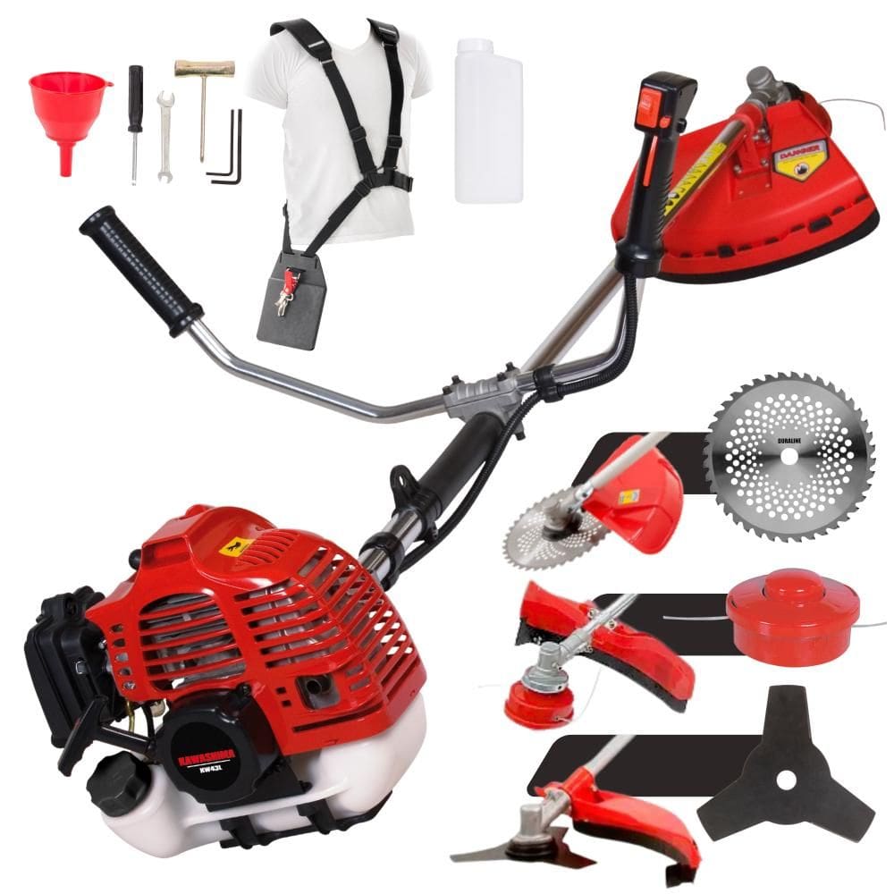 Roçadeira Máquina de Cortar Grama À Gasolina Kawashima KW43-L 2T 43cc 1,7HP de Alta Performance Com Carretel Nylon + Faca 3 Pontas + Faca 40 Dentes