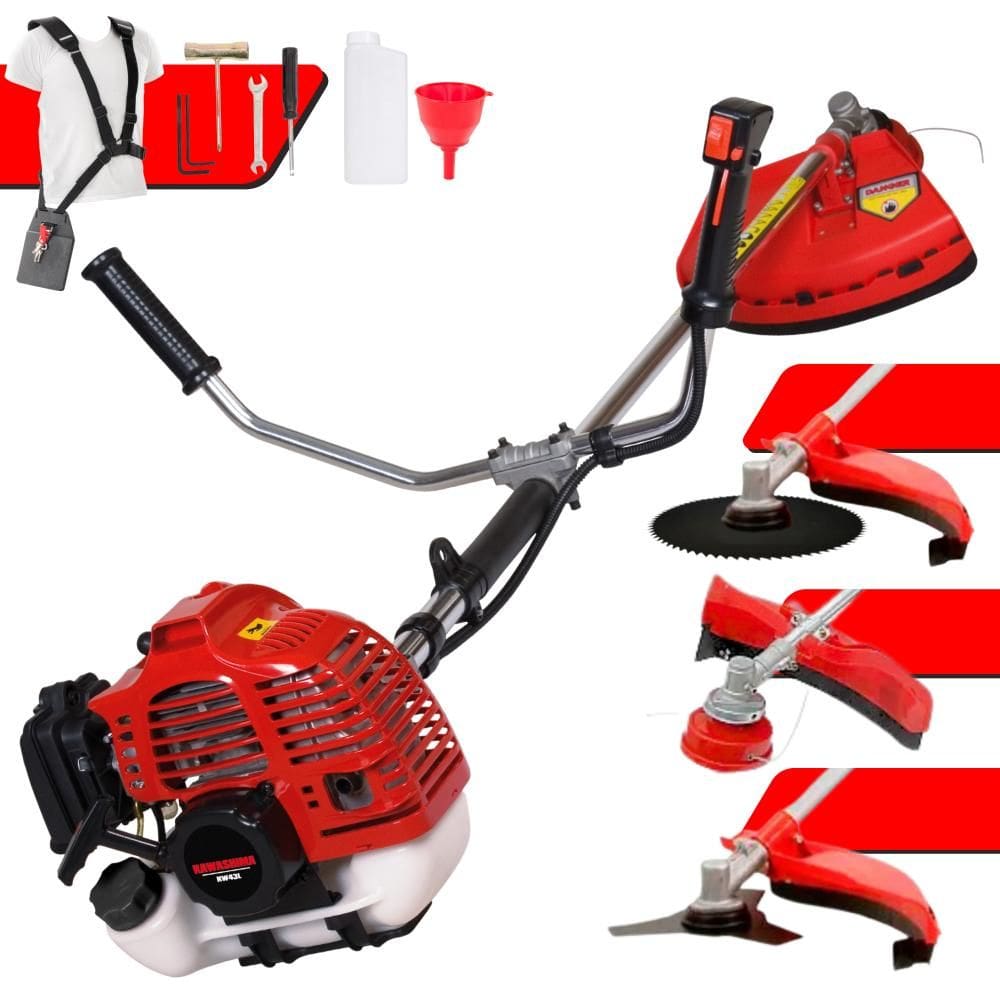 Roçadeira Multifuncional Kawashima KW43-L À Gasolina 43cc 10.000rpm 1,7HP de Potência Completo Com Lâmina 3 Pontas + Lâmina 80 Dentes + Carretel Nylon