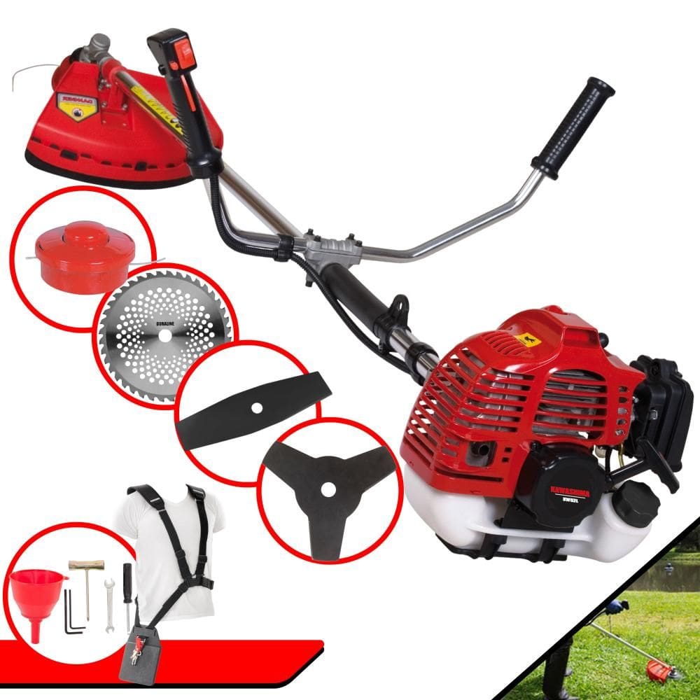 Roçadeira Robusta Kawashima KW43L À Gasolina 43cc 1,7HP 4 Opções de Corte Com Lâmina Facão, Lâmina 3 Pontas, Lâmina 40 Dentes e Carretel de Nylon