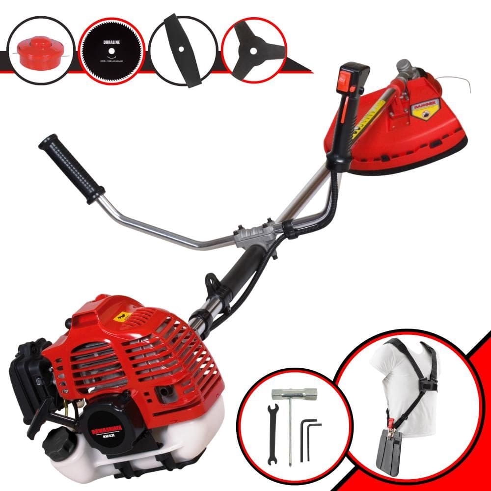 Roçadeira Robusta Kawashima KW43L À Gasolina 2T 43cc 1,7HP de Alta Performance Com Carretel e Faca 3 Pontas + EXTRA Faca 2 Pontas e Faca 80 Dentes