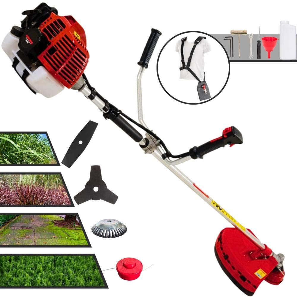 Roçadeira Multifunções Kawashima KW43L À Gasolina 43cc 1,7HP 4 Opções de Corte Com Lâmina Facão, Lâmina 3 Pontas, Escova de Aço e Carretel de Nylon