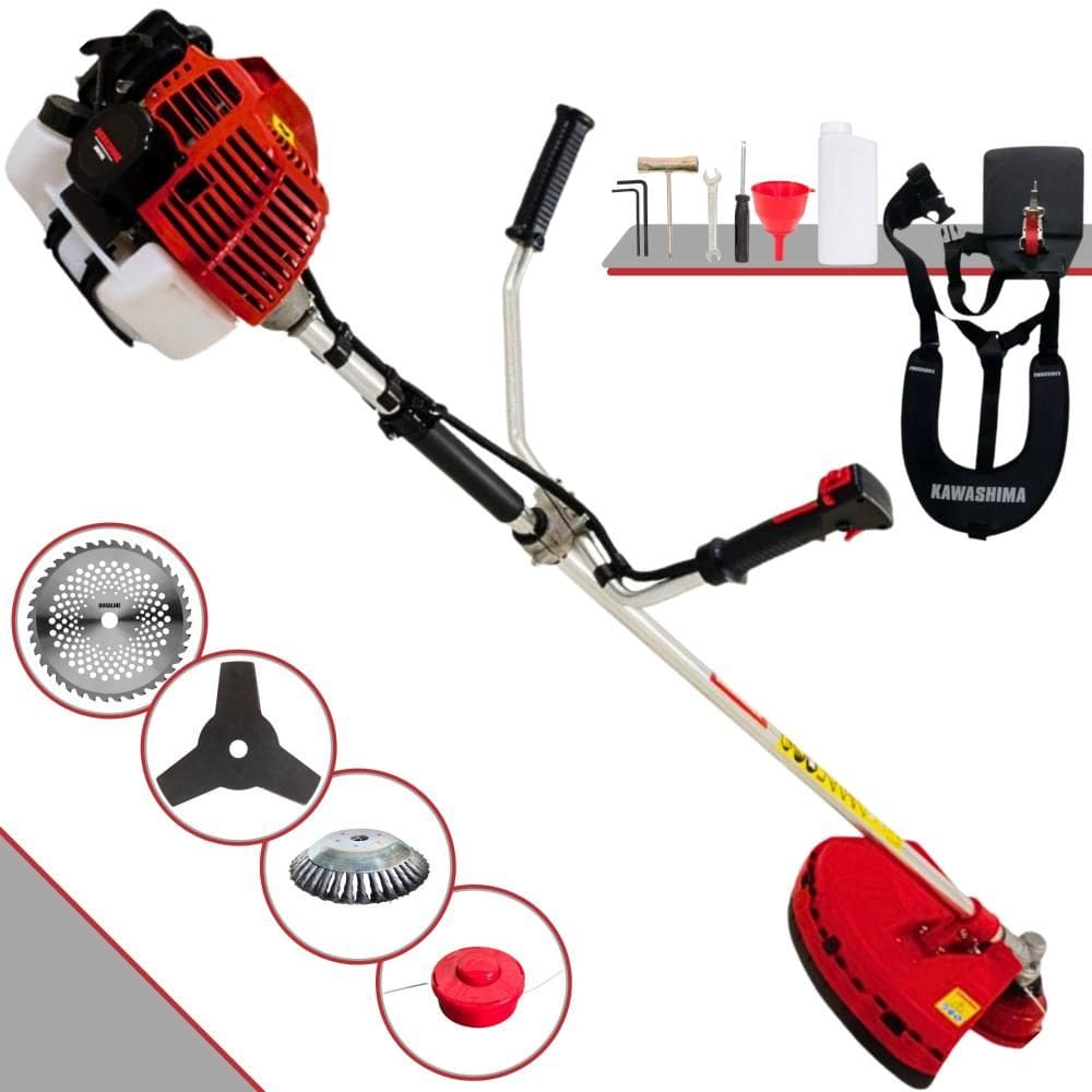 Roçadeira Profissional Kawashima KW43L À Gasolina 43cc 1,7HP 10.000rpm Com Carretel Nylon + Faca 3 Pontas + Faca 40 Dentes + Escova Rotativa de Aço