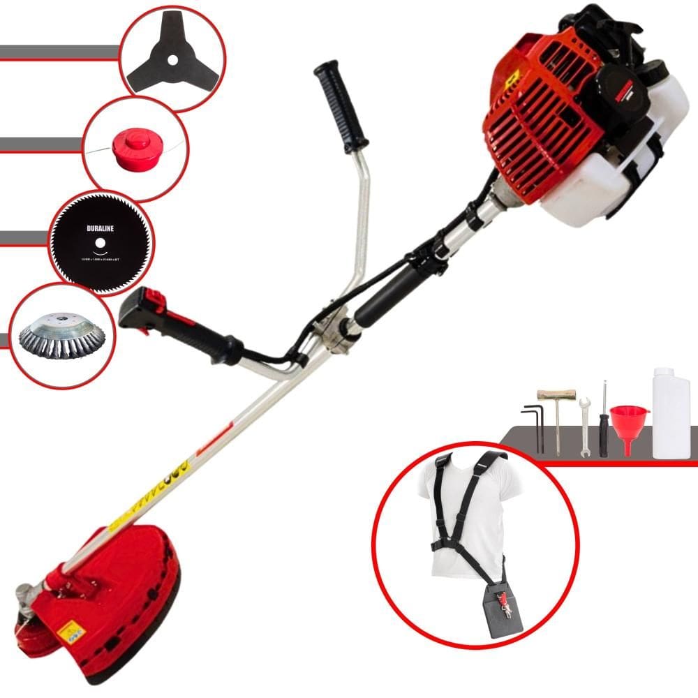 Roçadeira Profissional Kawashima KW43L À Gasolina 43cc 10.000rpm 1,7HP 4 Opções de Corte Com Faca 3 Pontas, Faca 80 Dentes, Escova de Aço e Carretel